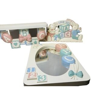 Vintage Homco Wall Hanging Mirror and Shelf Set I Love You Bunnies Balloons 7613